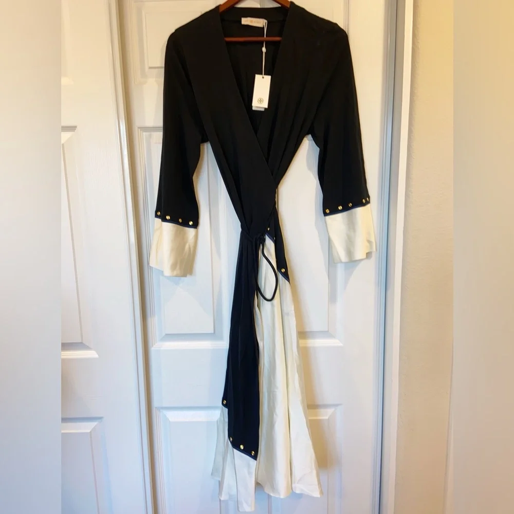 NWT $698 Tory Burch Mixed-Material Wrap Dress In Black
